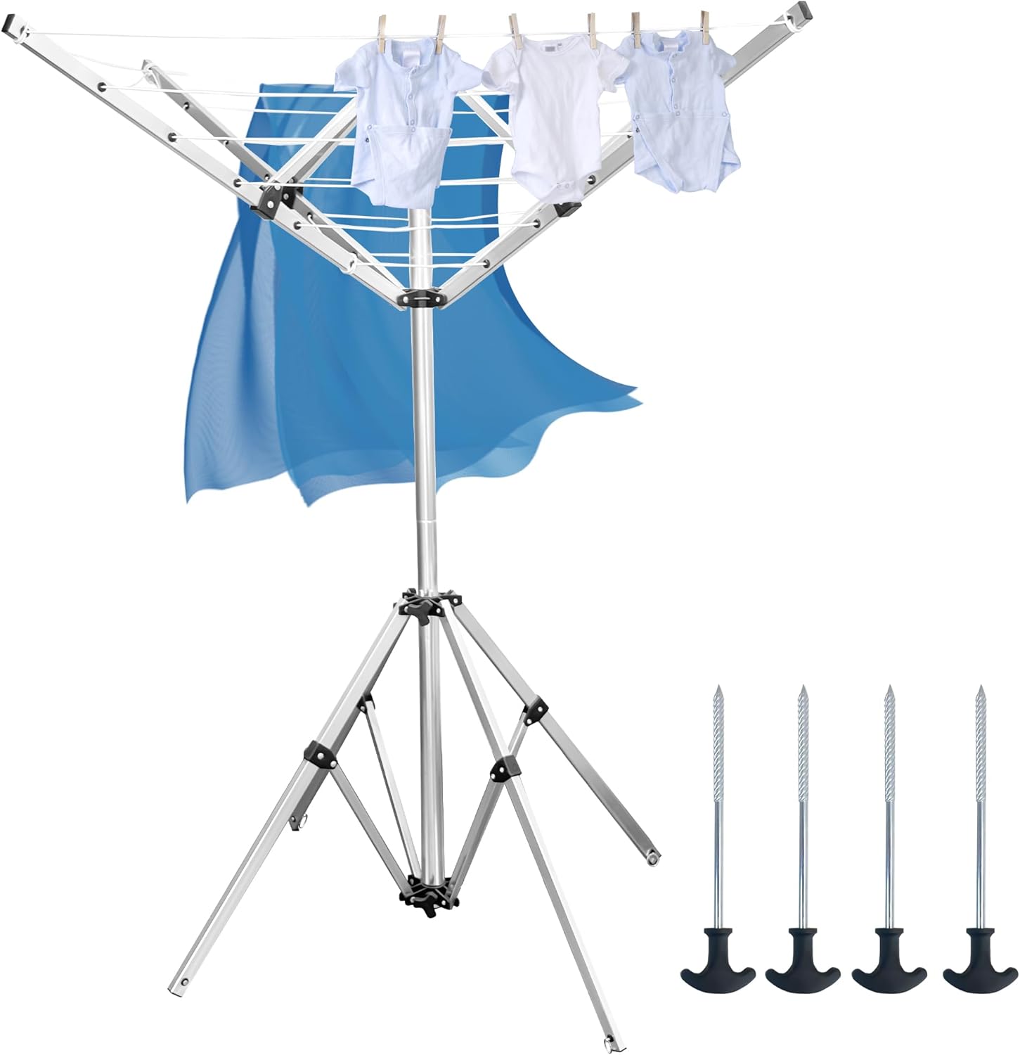 4-arm Telescopic Aluminum Drying Rack with 28 Ropes and Windproof Rotating Design