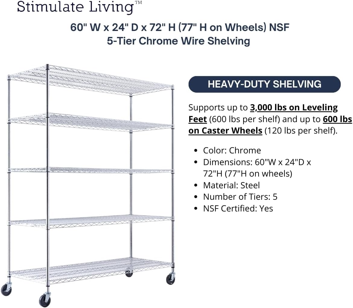 60x24x72 Chrome 5-Tier Heavy Duty Shelving with Wheels