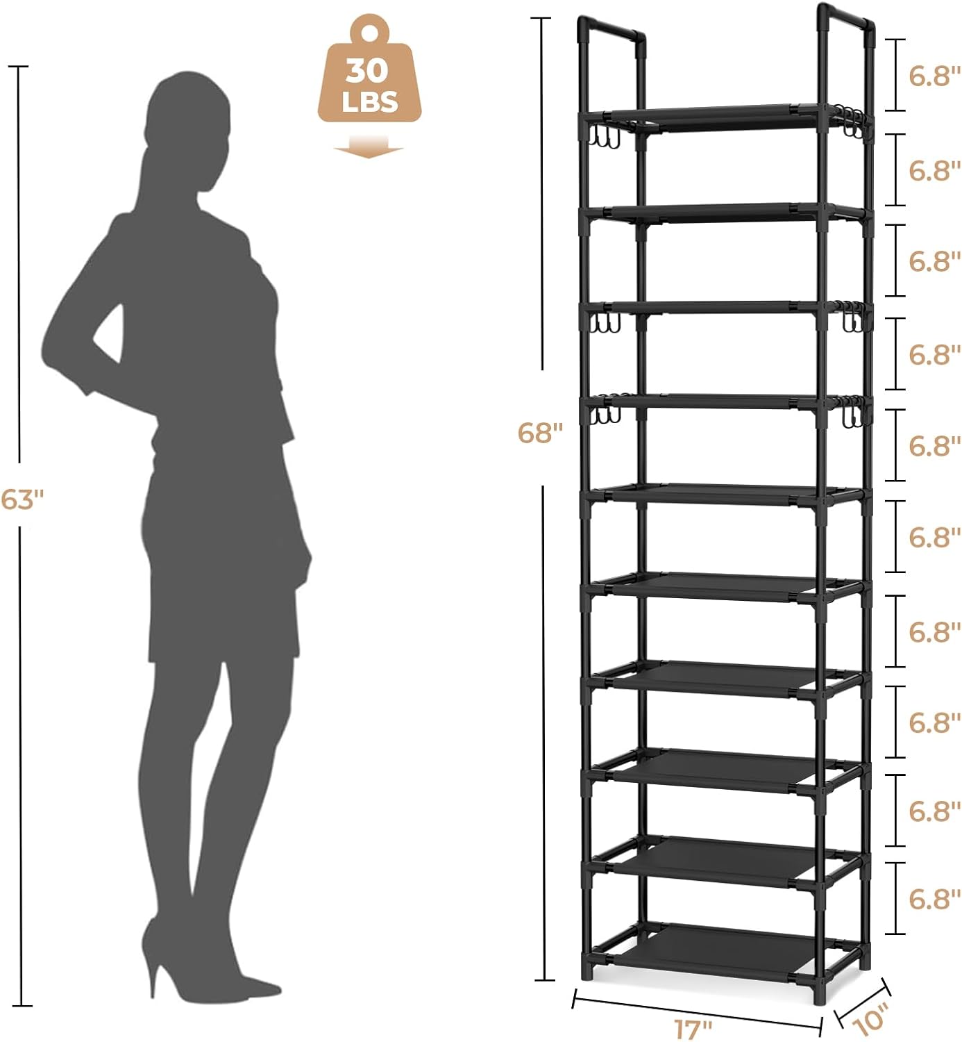 VTRIN 10 Tier Tall Shoe Rack with 18 Hooks