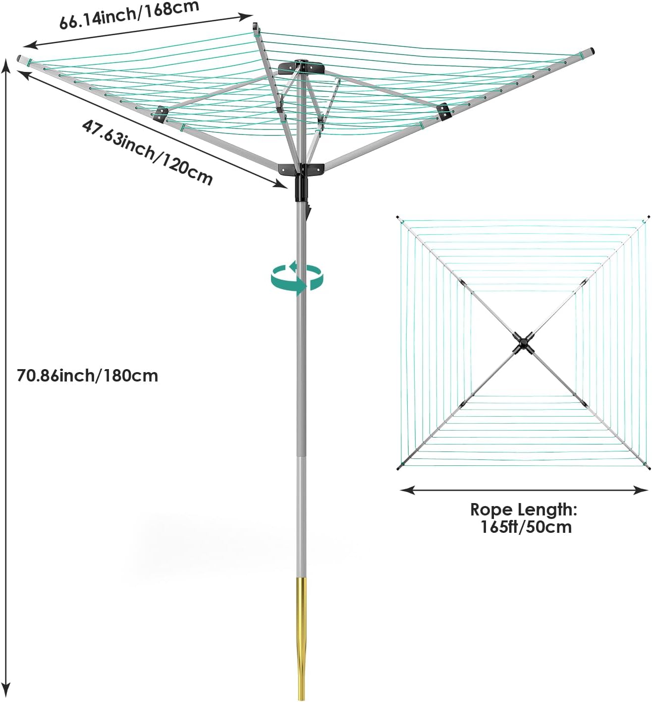 Rotary Umbrella Drying Rack with 4 Arms and 165 Feet Clothesline
