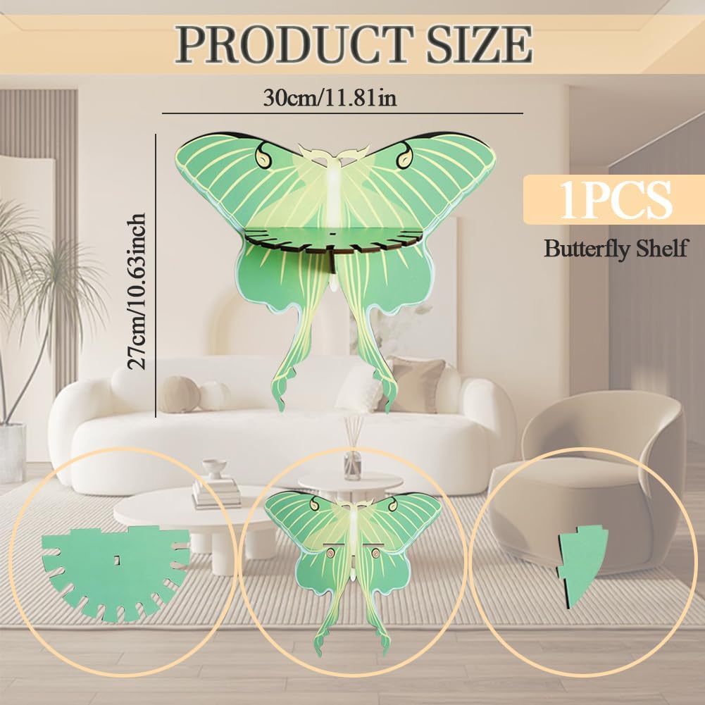 Butterfly Wall Shelf Storage Rack 1Pcs Wooden Green Butterfly Hanging Display Shelf for Stones Candles and Necklaces