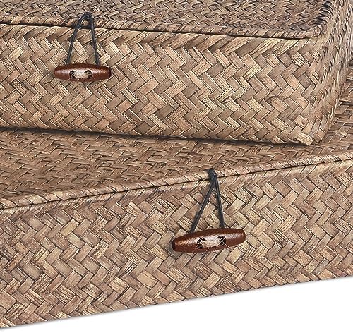 FOSSORH Set of 2 Flat Seagrass Storage Bins with Lid