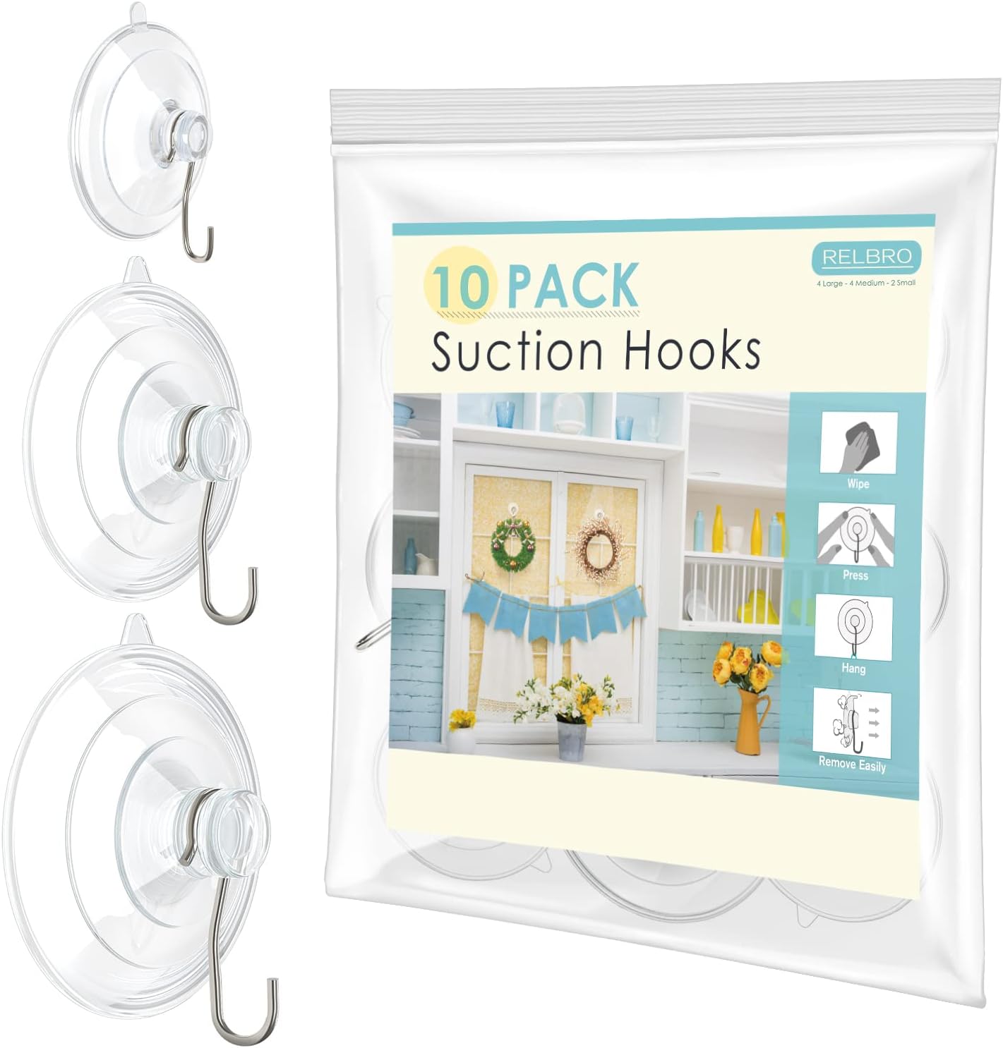 RELBRO Suction Cup Hooks Set 10 Pcs Clear Large Medium Small