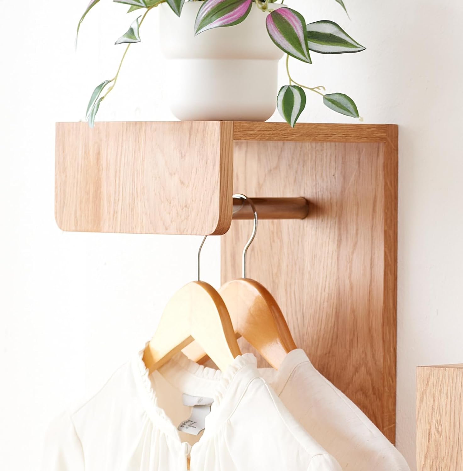 Oak Wood Wall Mounted Coat Rack with 3 Hooks and Floating Shelf
