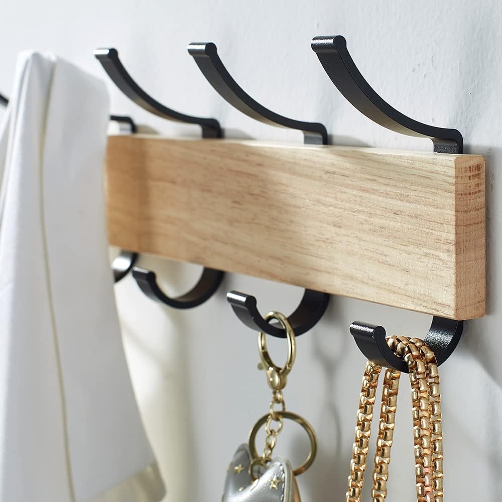 Solid Wood Coat Rack with 5 Black Hooks and Aluminum Frame