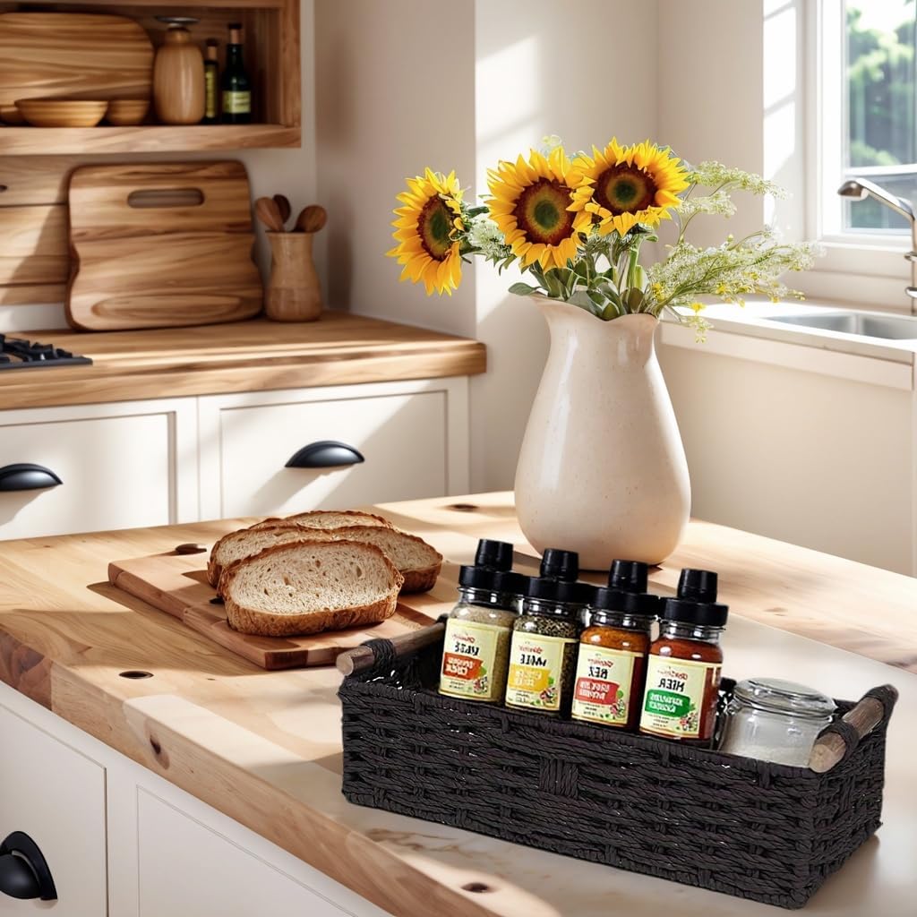 Black Paper Rope Storage Basket with Wooden Handle 1PC