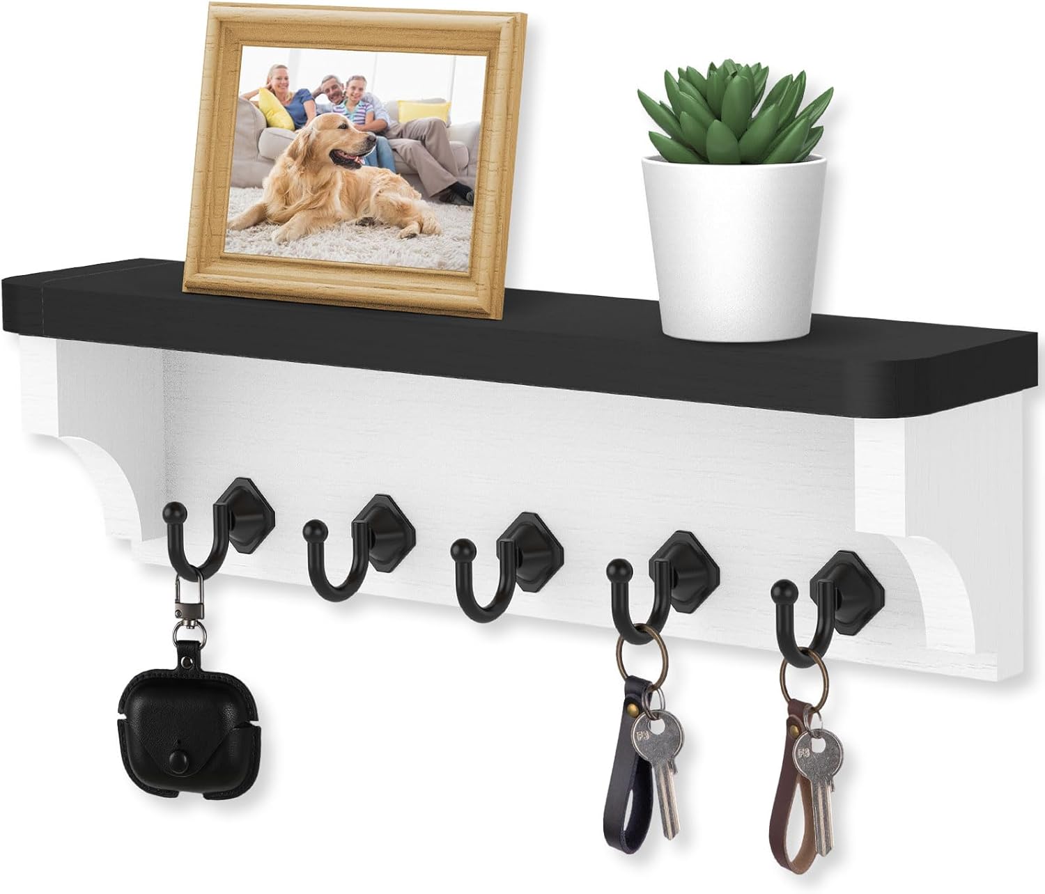 Nekon Wall Key Holder with Floating Shelf and 5 Hooks Black