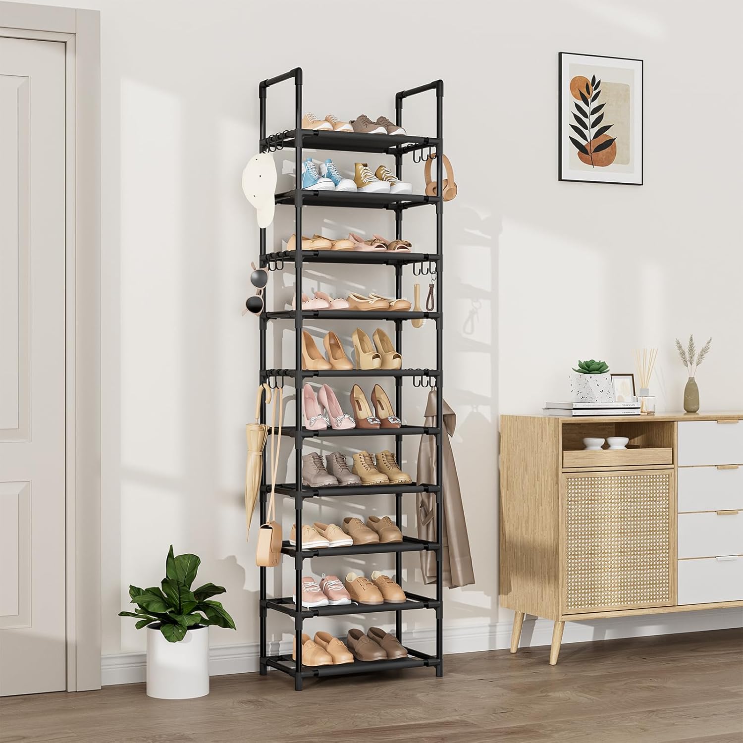VTRIN 10 Tier Tall Shoe Rack with 18 Hooks