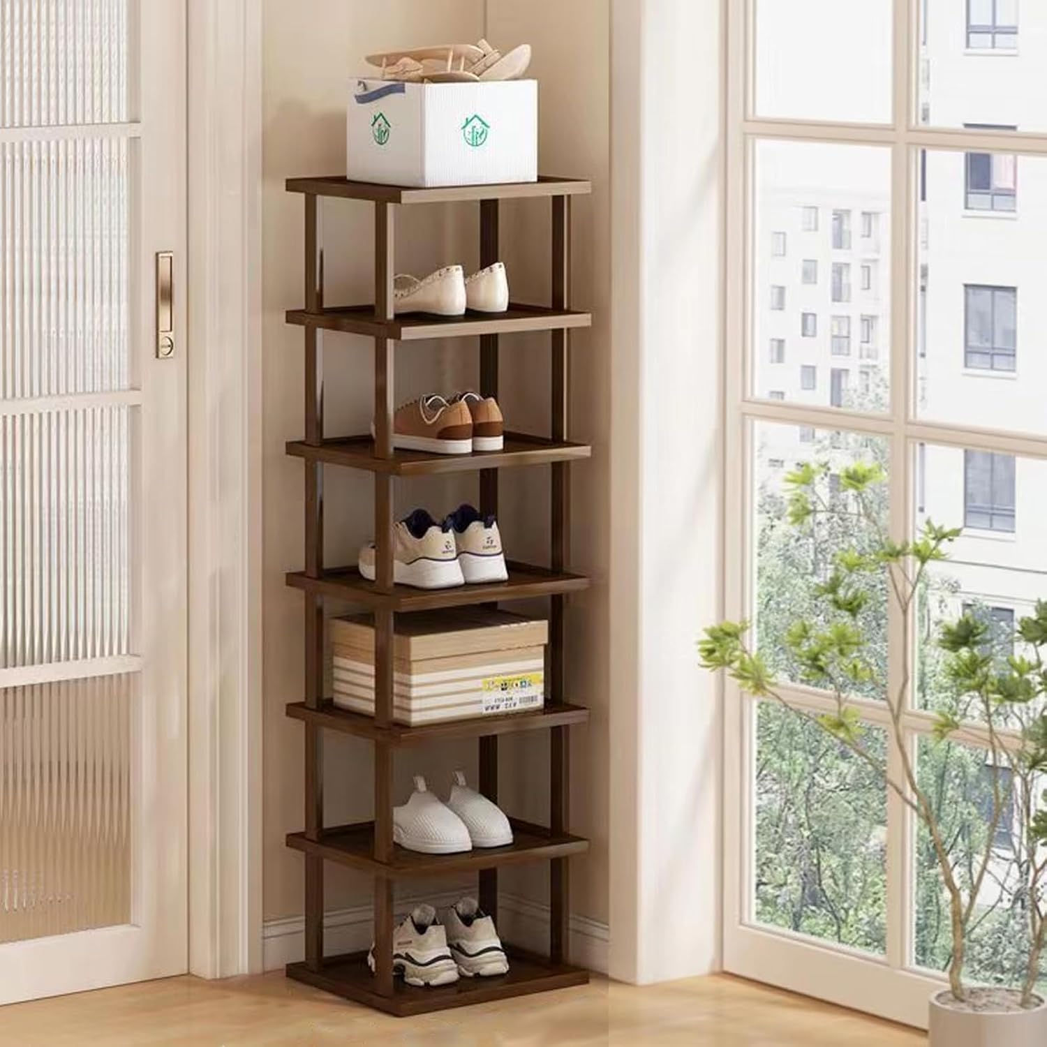 Vertical Bamboo Shoe Rack with 7 Tiers for Small Spaces