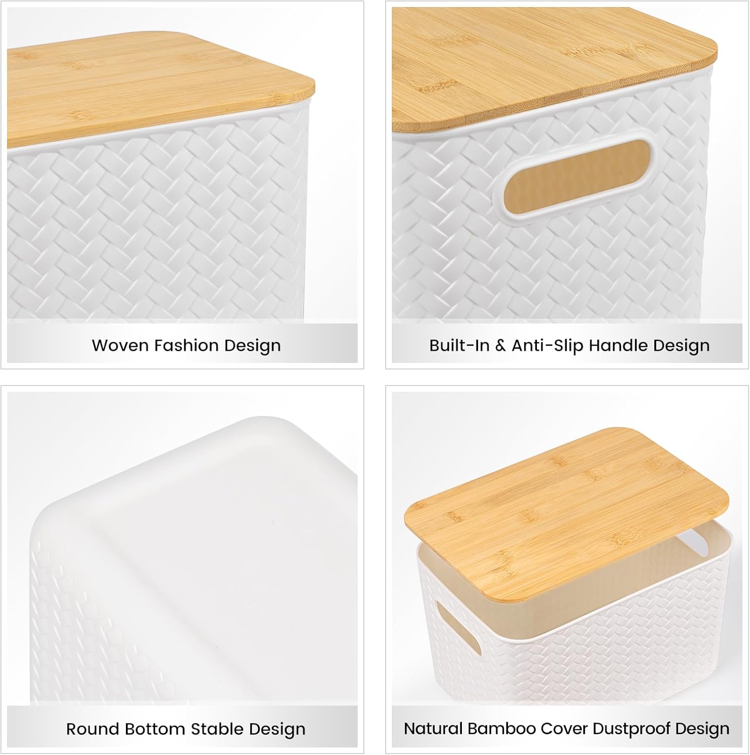 4 Pack Stackable Storage Bins with Bamboo Lids - White
