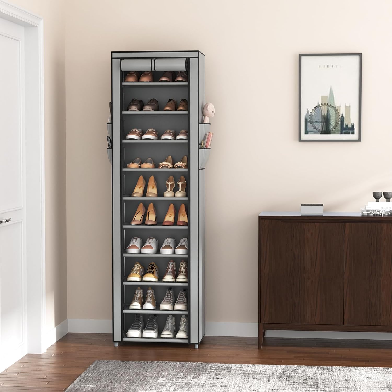 VTRIN 10 Tier Vertical Narrow Shoe Rack Organizer Tall Free Standing Grey