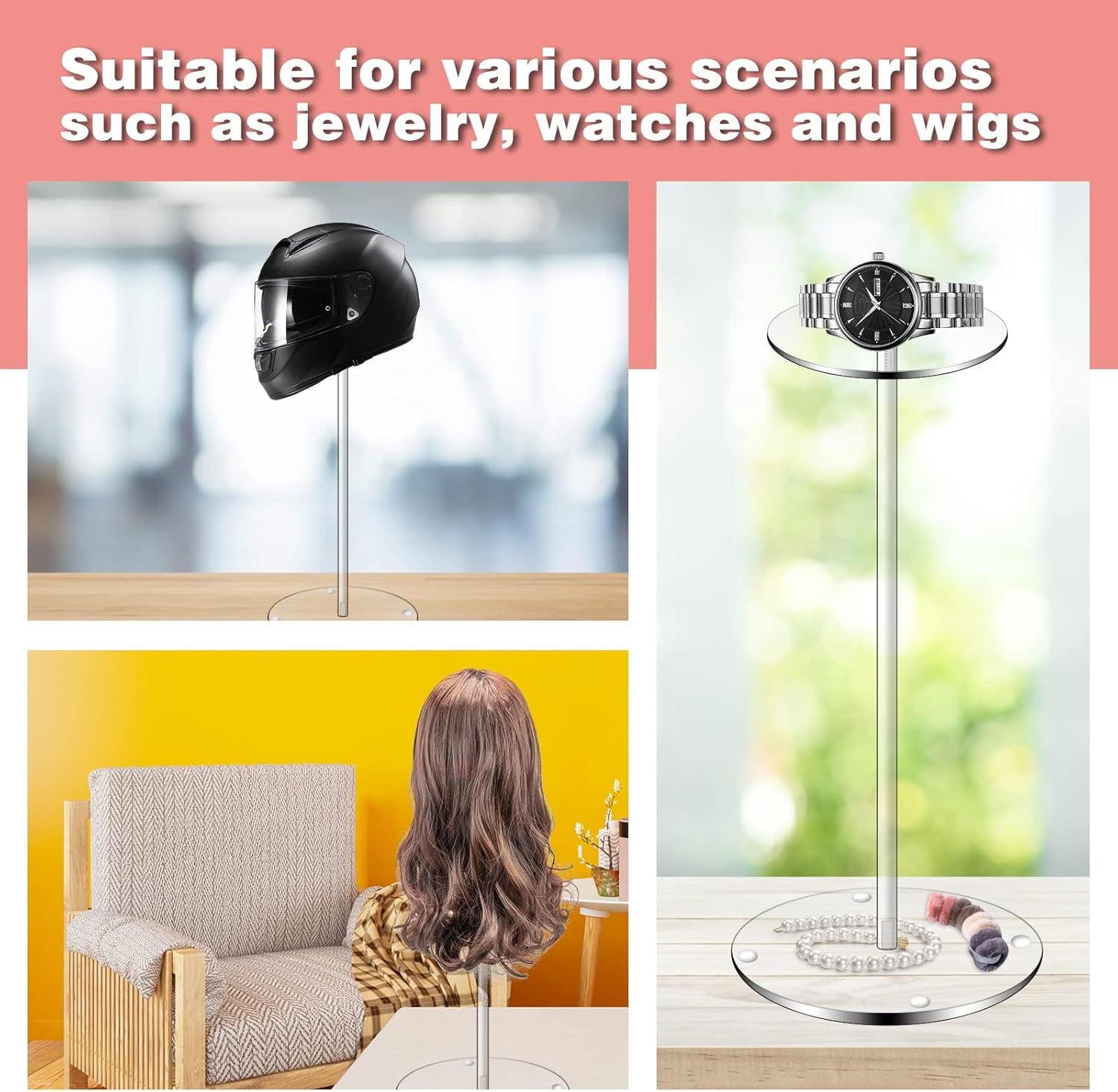 Acrylic Hat Display Stand 3 Pack - Thick Base for Helmet and Wig
