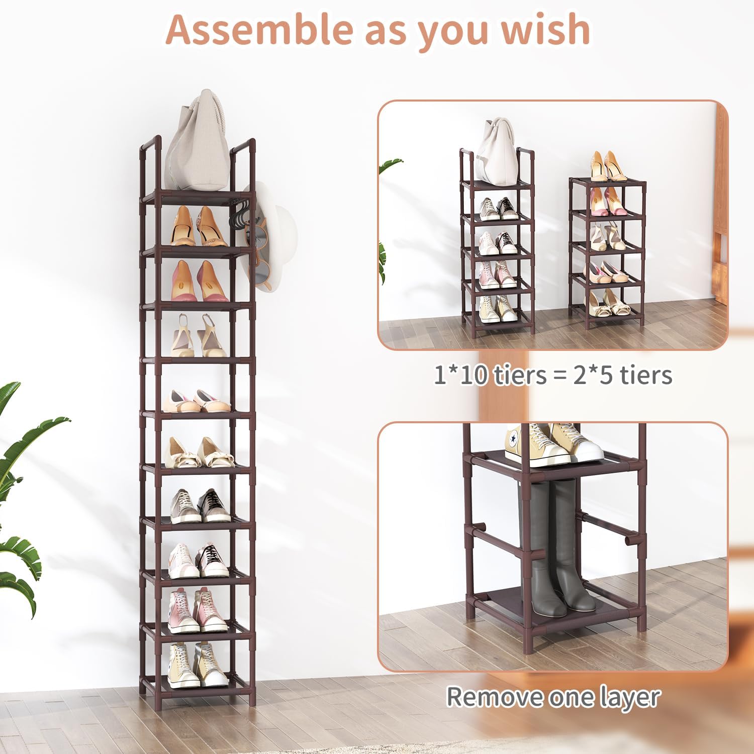 LANTEFUL 10-Tier Tall Narrow Shoe Rack Storage Organizer for Closets Entryways Dorms Brown