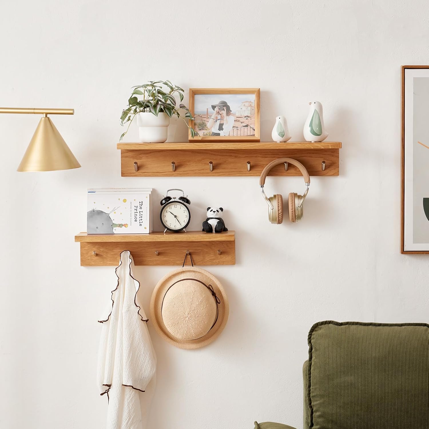 Oak Wood Coat Rack Wall Mount With Shelf 5 Hooks