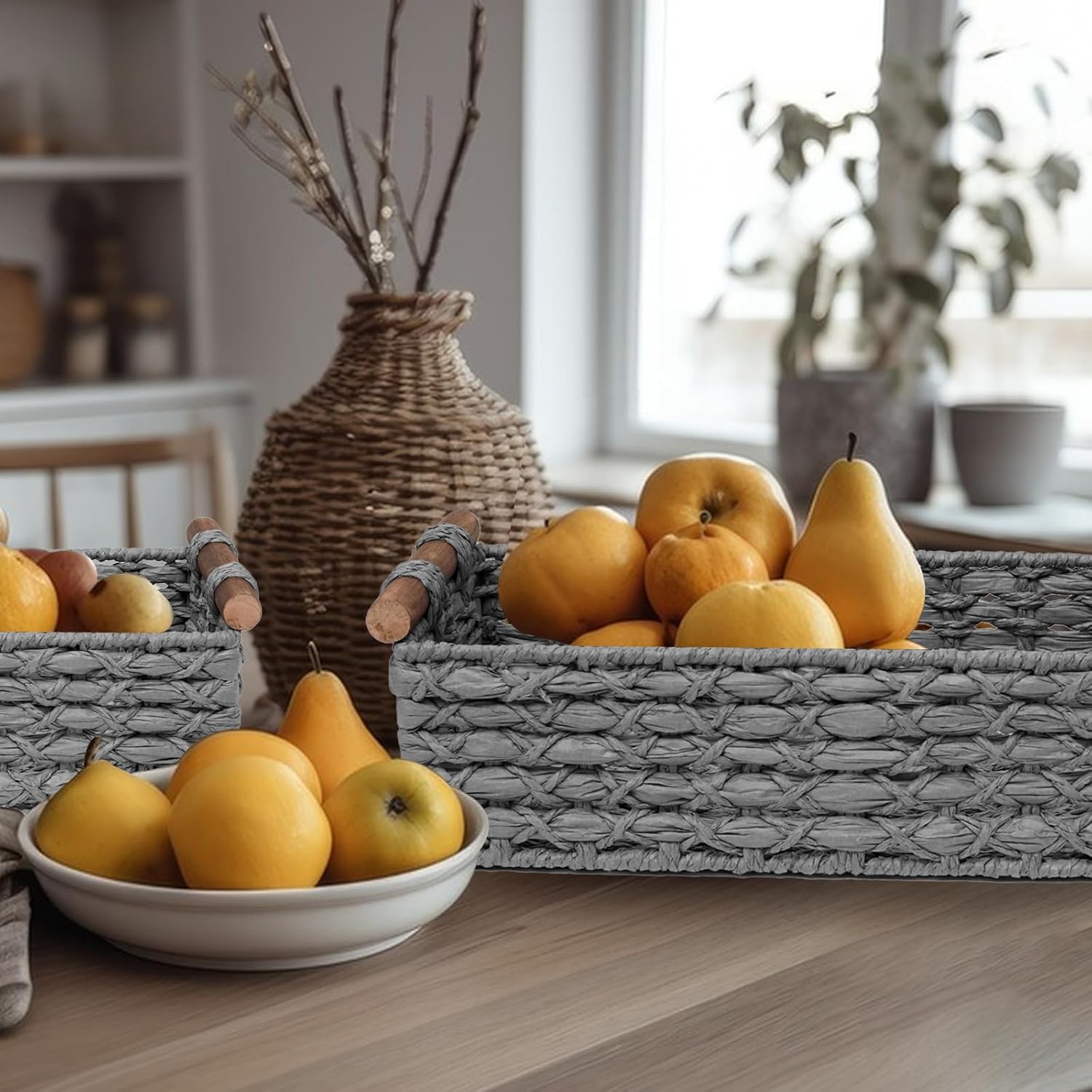 Handmade Wicker Storage Basket with Handle - Light Grey