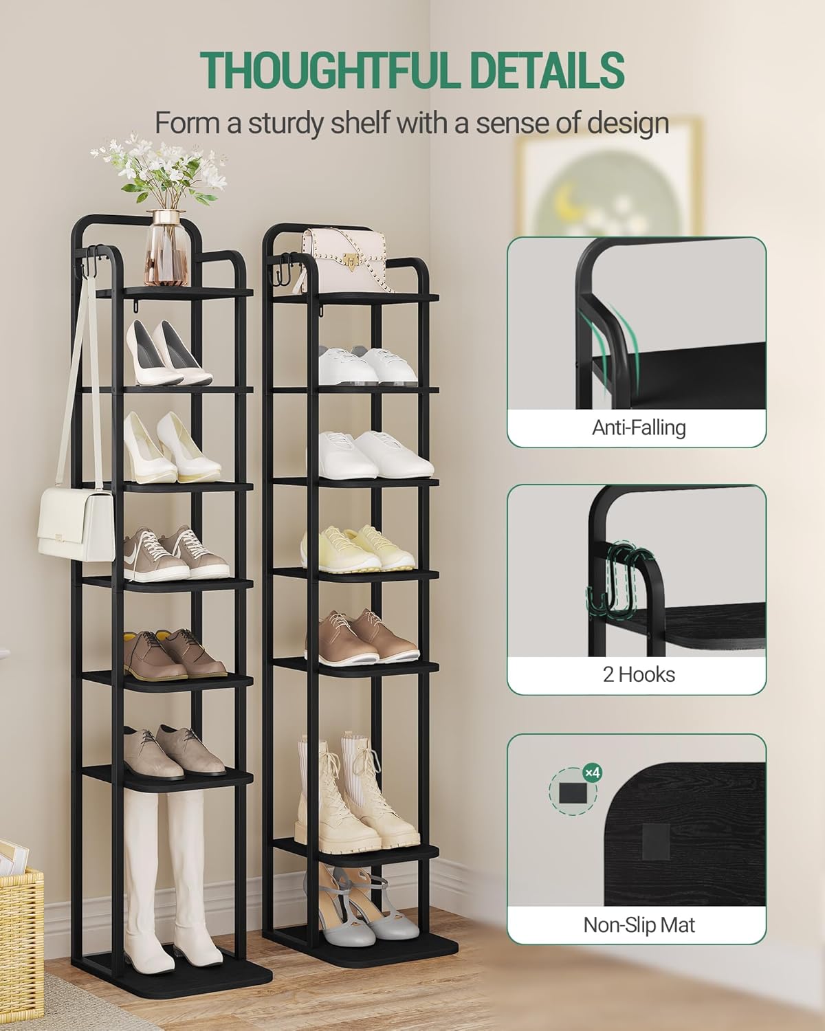 8 Tiers Vertical Shoe Rack Narrow Black Adjustable Corner Storage