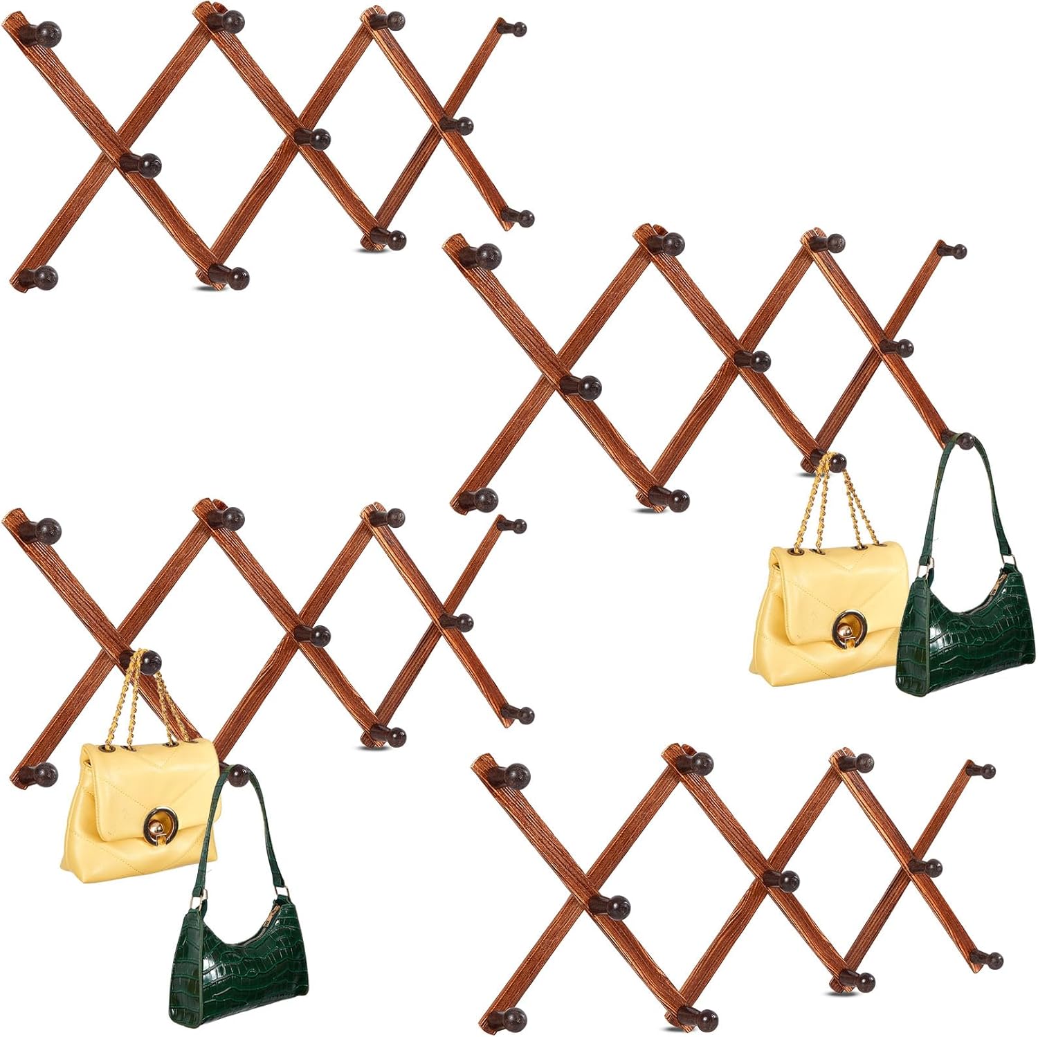 4 Pcs Expandable Wooden Coat Rack Wall Hanger with 11 Hooks