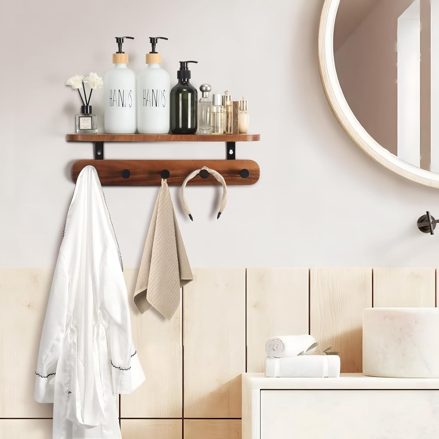 Walnut Wall Shelf with 5 Hooks for Entryway Storage