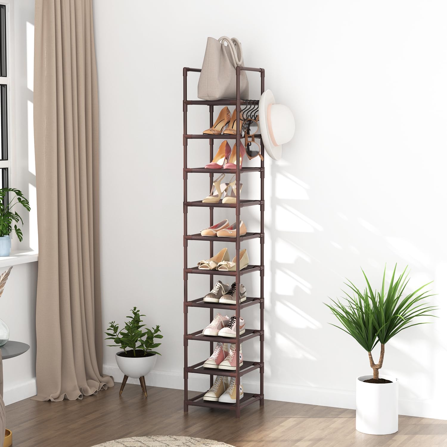 LANTEFUL 10-Tier Tall Narrow Shoe Rack Storage Organizer for Closets Entryways Dorms Brown