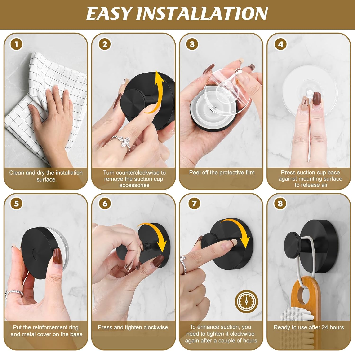 BKV Suction Cup Hooks for Glass Window 4 Pack Black