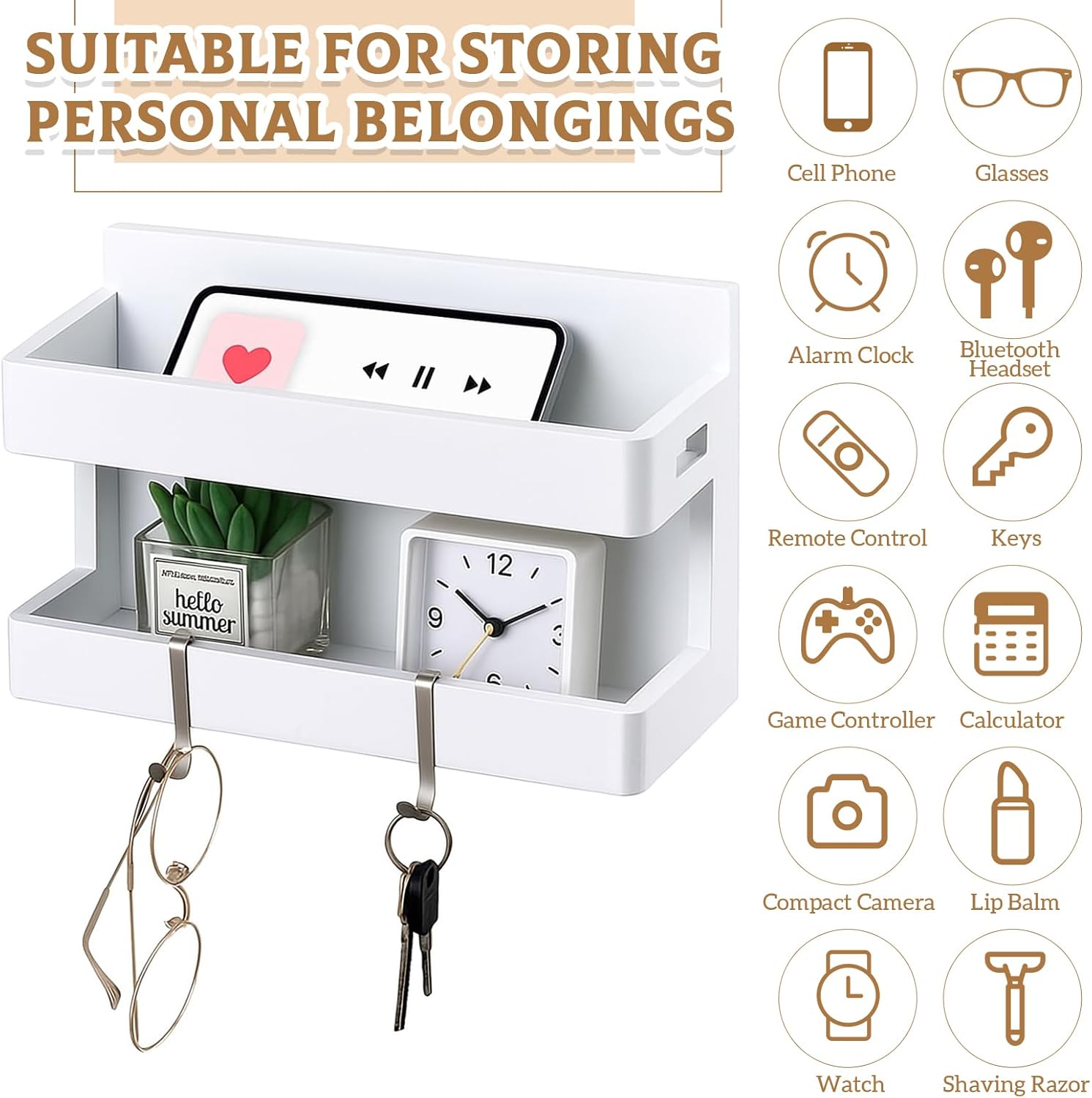 Pinkunn Wall Mounted Wooden Bedside Shelf with Hooks