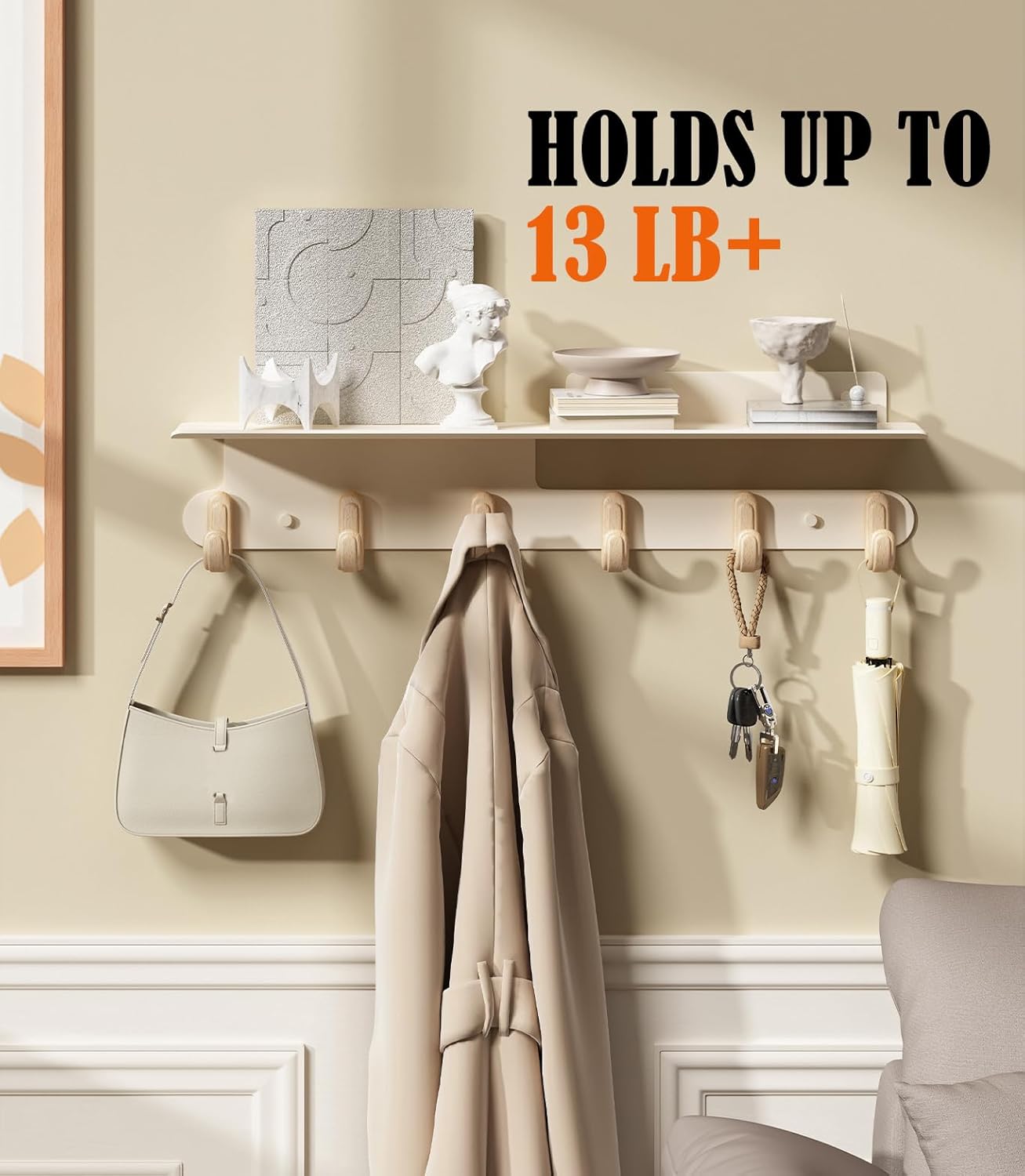 Modern Wall Hooks with 22 Inch Shelf and 6 Hooks