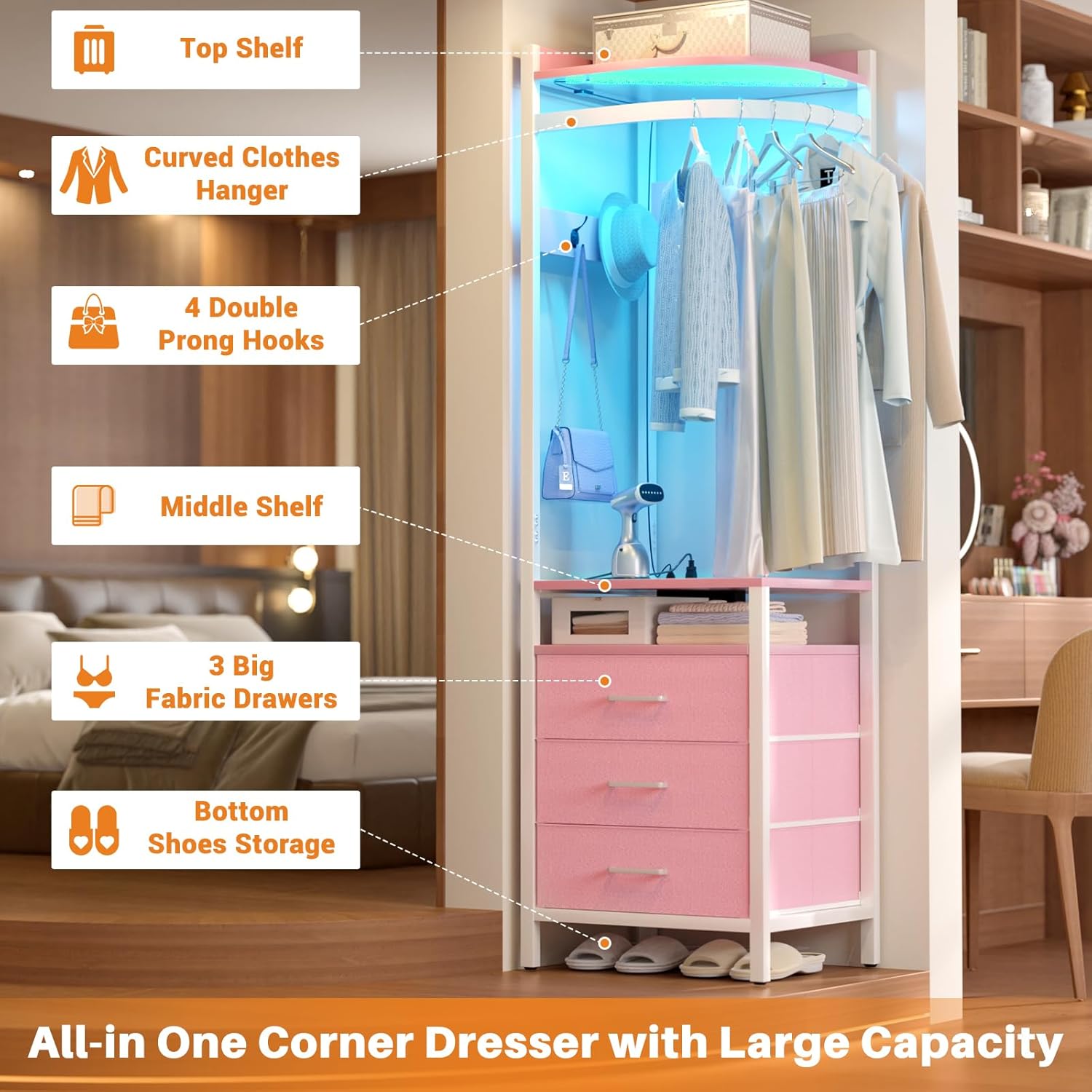 Cyclysio Corner Clothes Rack with Hanging Rack and LED Lights