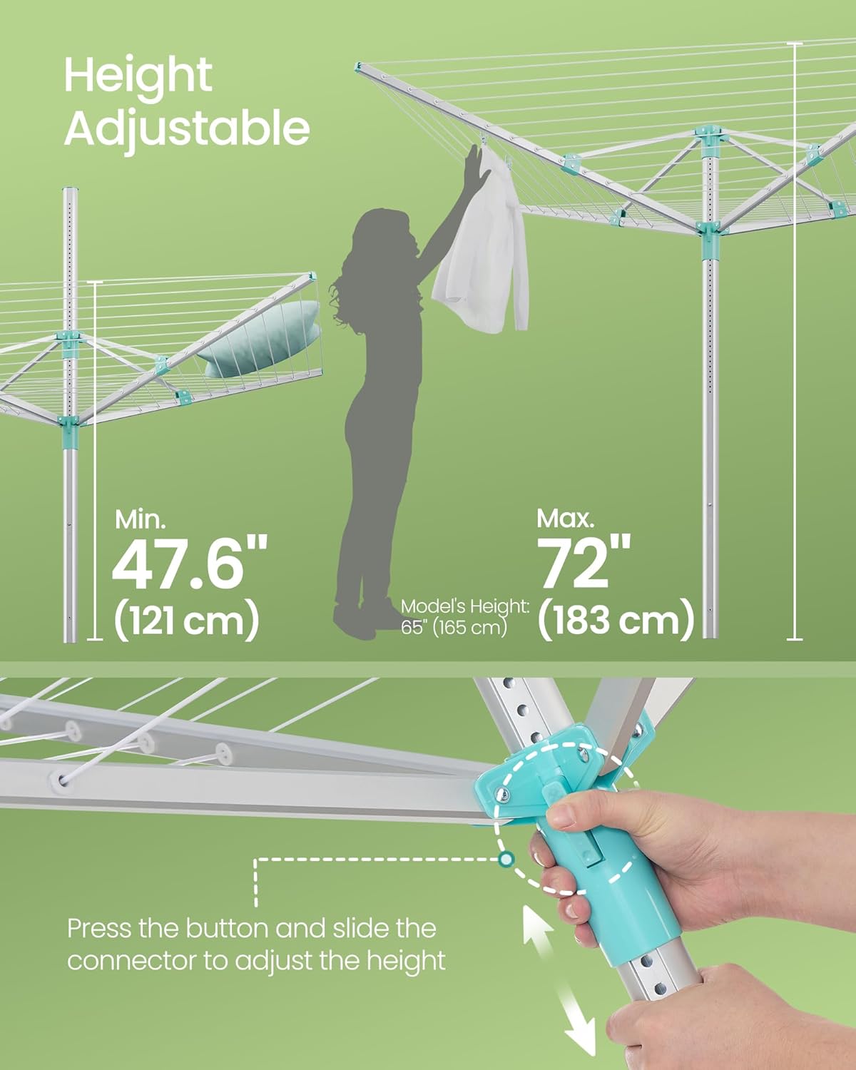 SONGMICS Retractable Clothesline Drying Rack 164 ft 5 Loads Height Adjustable Garden Use Silver Green