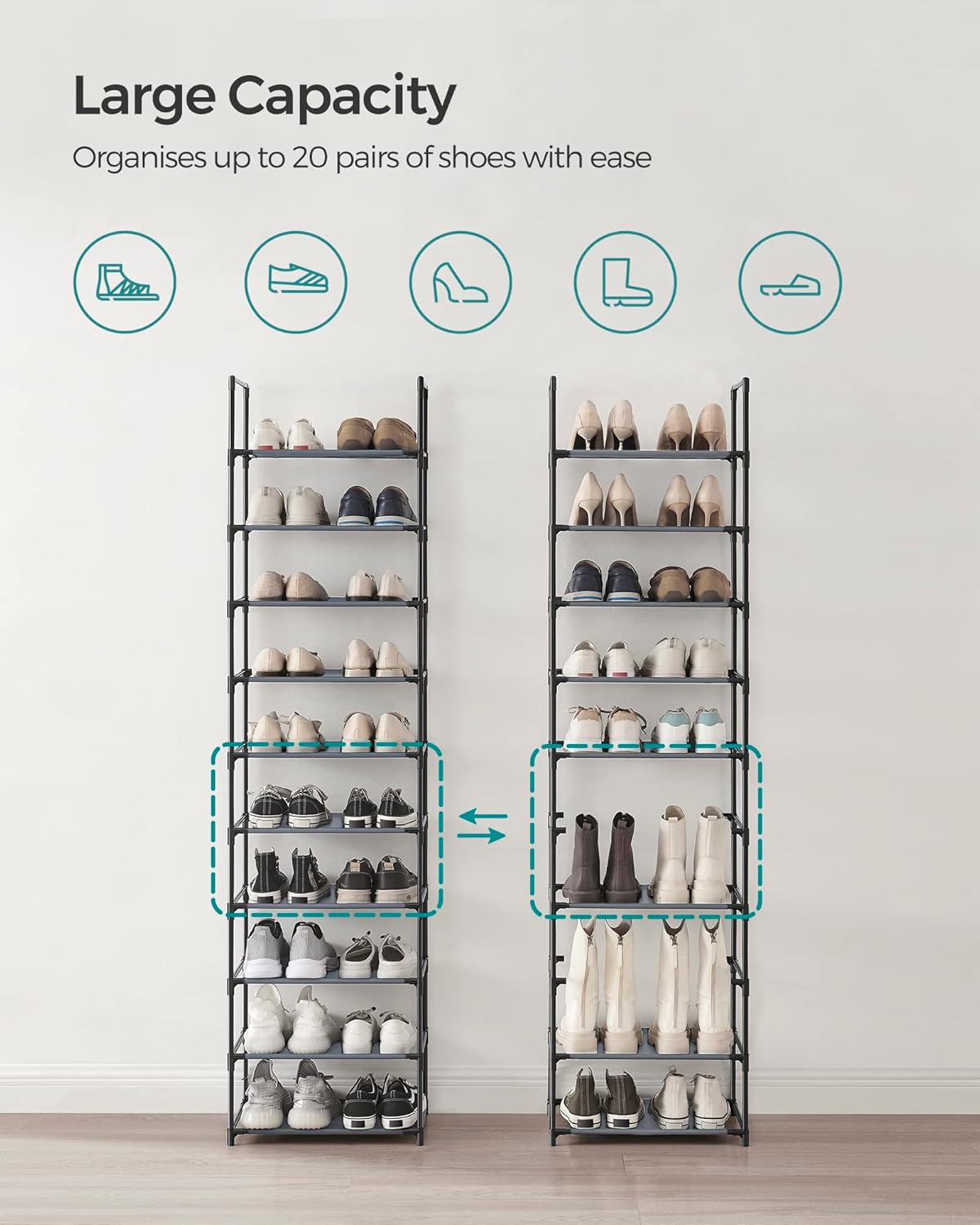SONGMICS 10 Tier Free Standing Shoe Rack Organizer