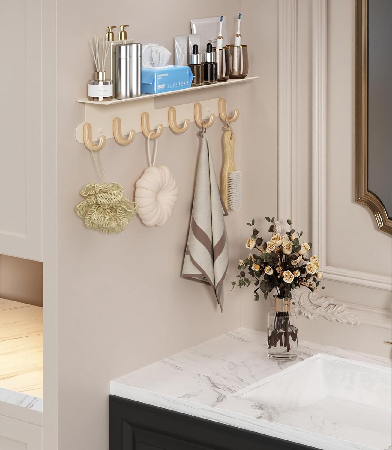 Modern Wall Hooks with 22 Inch Shelf and 6 Hooks