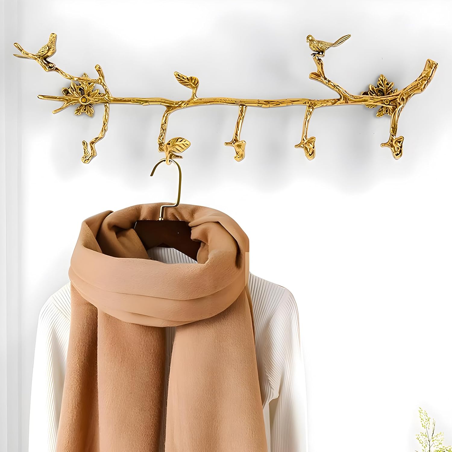 Brass Wall Mounted Hanger with 6 Hooks and Bird Decor