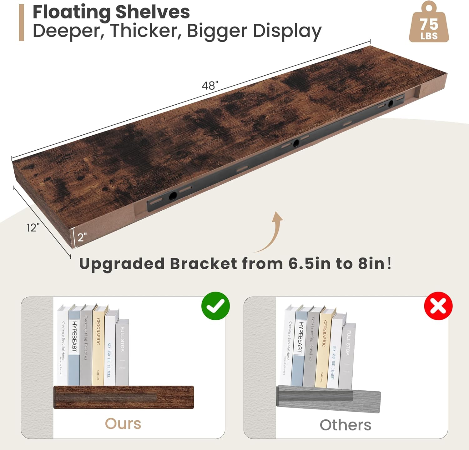 12 Inch Deep Floating Shelves Set of 2 Rustic Brown