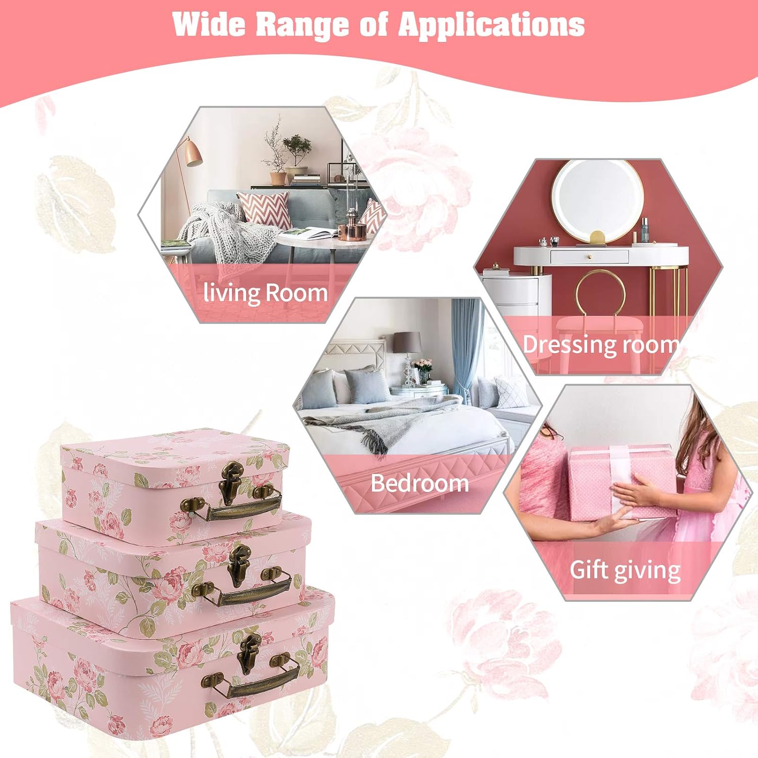 Set of 3 Decorative Storage Boxes With Lids for Home Decor and Gift Storage Pink Flowers Design