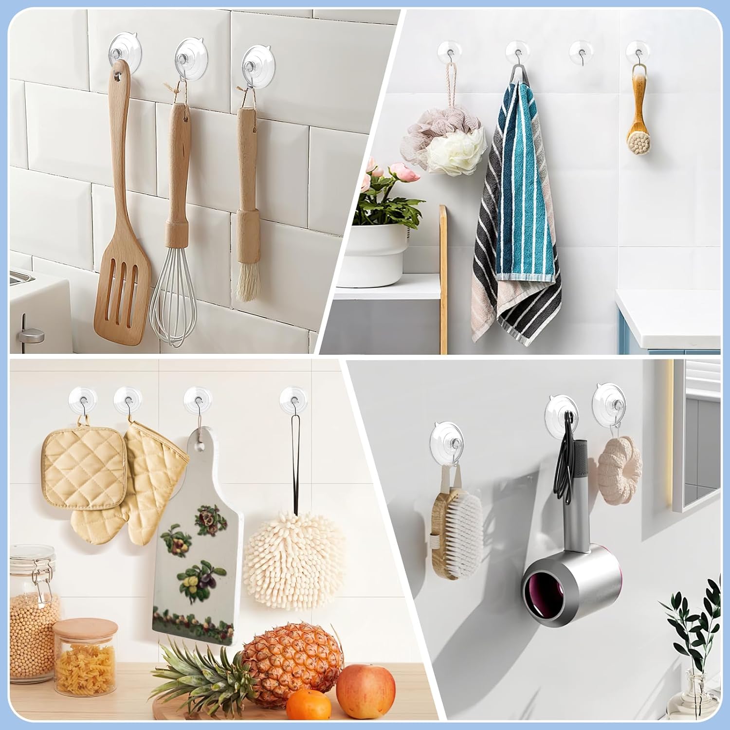 HangerSpace Suction Cup Hooks 8 Pack - 25 Inch Clear for Kitchen Bathroom Shower Wall Window Door