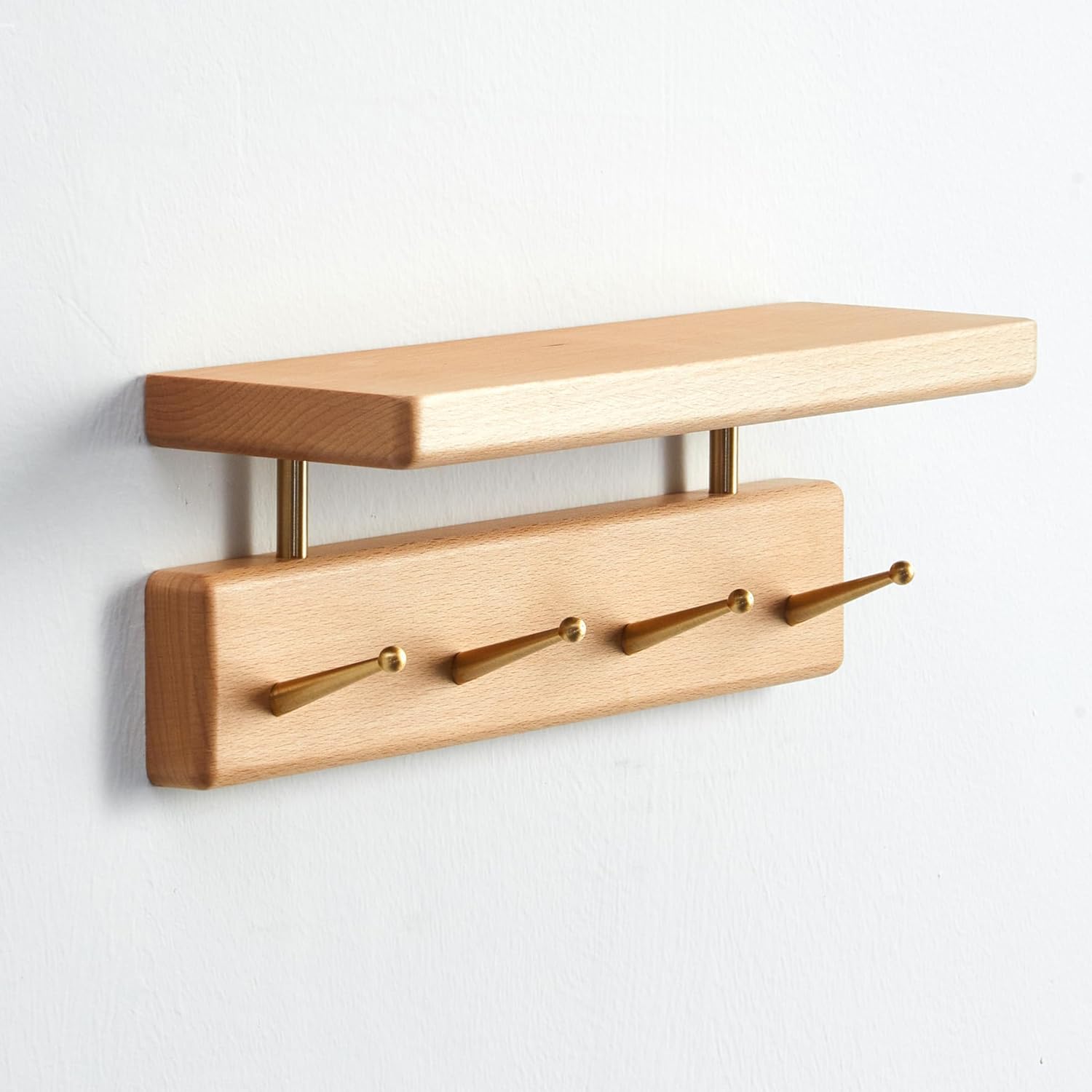Solid Wood Shelf with Hooks 12 Inch Coat Rack Wall Mount