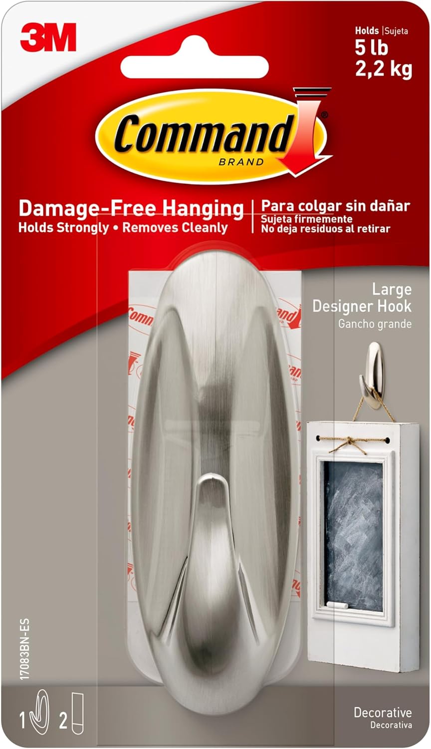 3M Command Large Designer Hook 5 lb Brushed Nickel Wall Hook