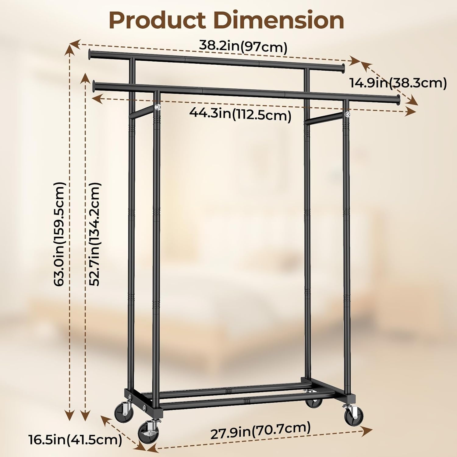 Double Rods Clothes Rack with Rolling Wheels
