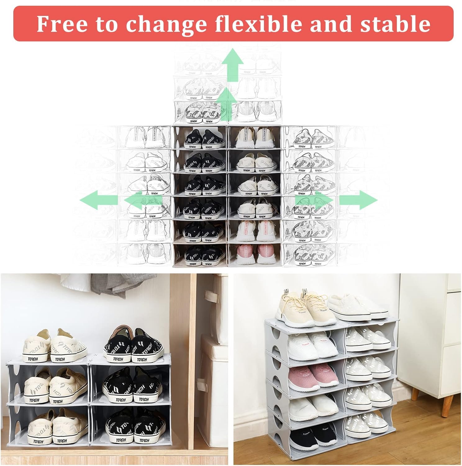 6-Tier Stackable Shoe Rack for Bedroom Entry Grey