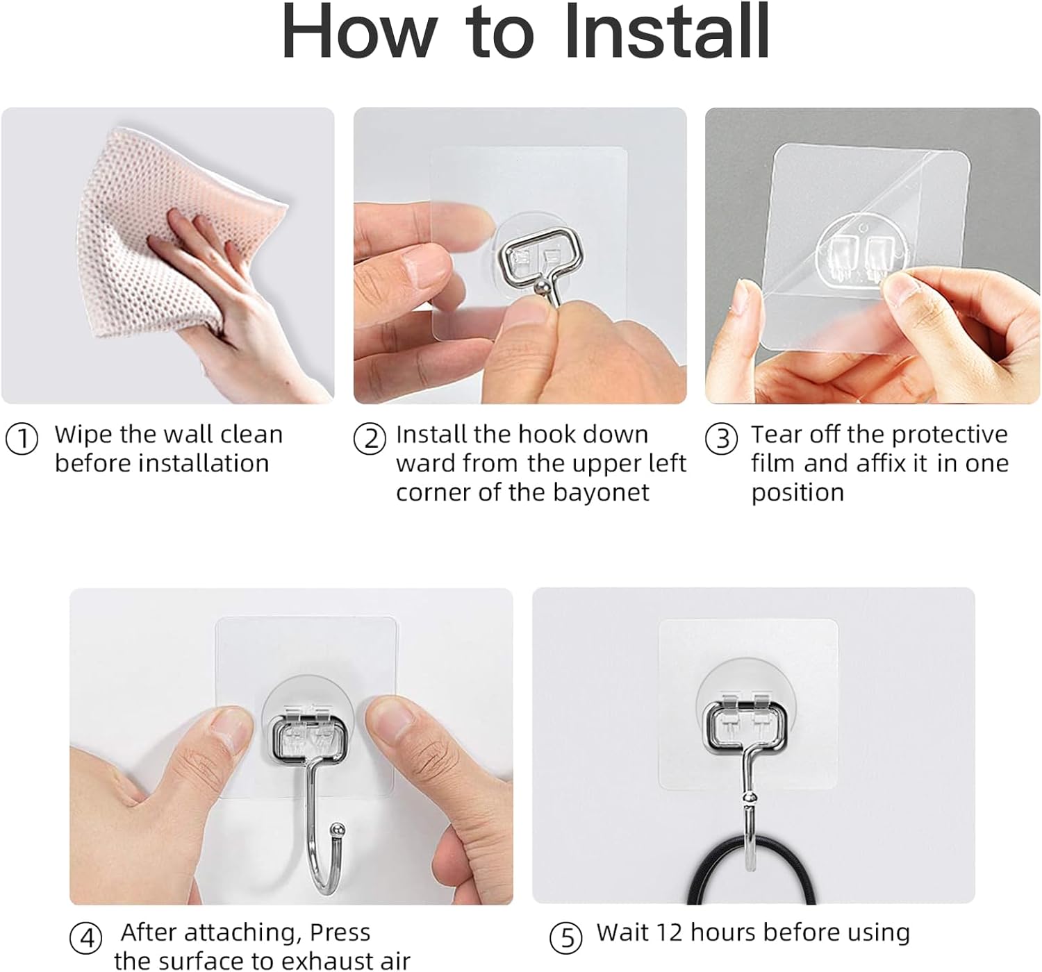 Heavy-Duty 44Lb Wall Hooks 10 Pack Clear Adhesive Removable
