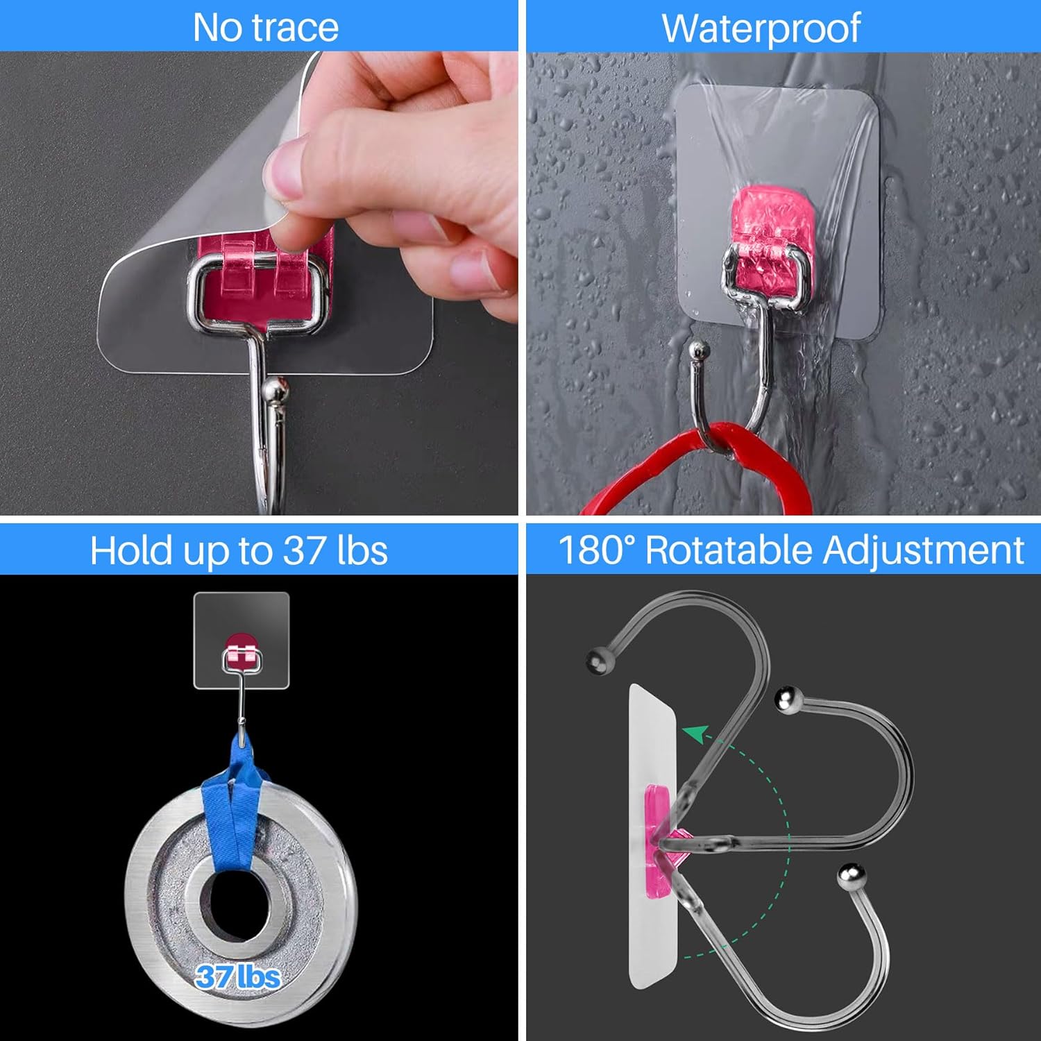 Antimbee 10-Pack Heavy Duty Adhesive Hooks 37 lb Max Transparent Pink