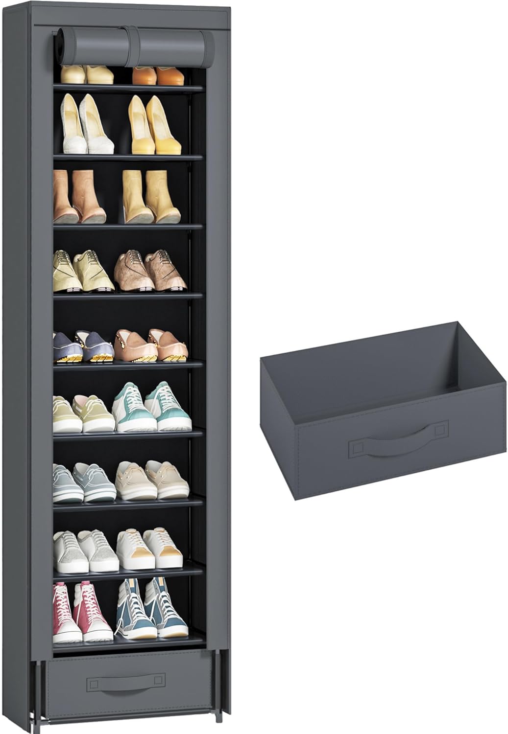 10 Tier Tall Narrow Shoe Rack with Dustproof Cover Storage Organizer