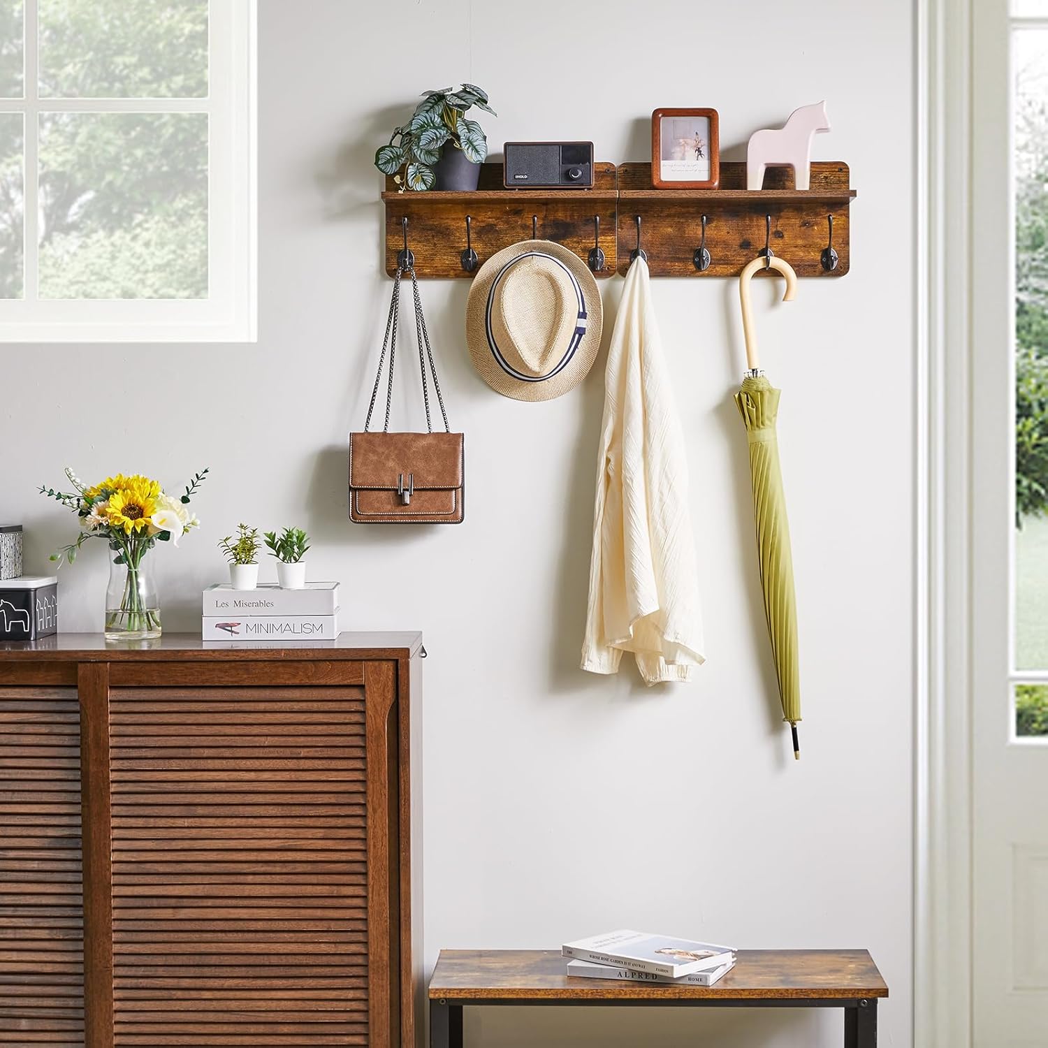 YMYNY Wall Mounted Coat Rack with 8 Hooks and Shelf