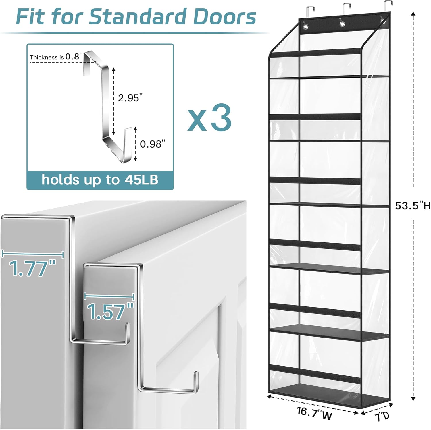 AOODA Clear Over The Door Hat Racks for Baseball Caps 72 Caps Storage Organizer 3 Hooks Black