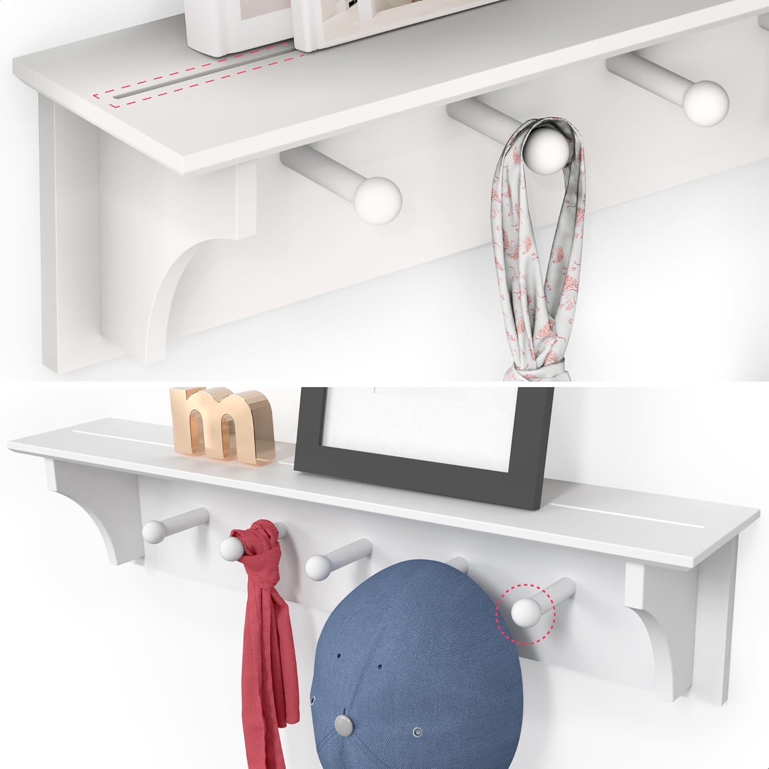 Ballucci Floating Coat and Hat Wall Shelf Rack 5 Pegs 24 White
