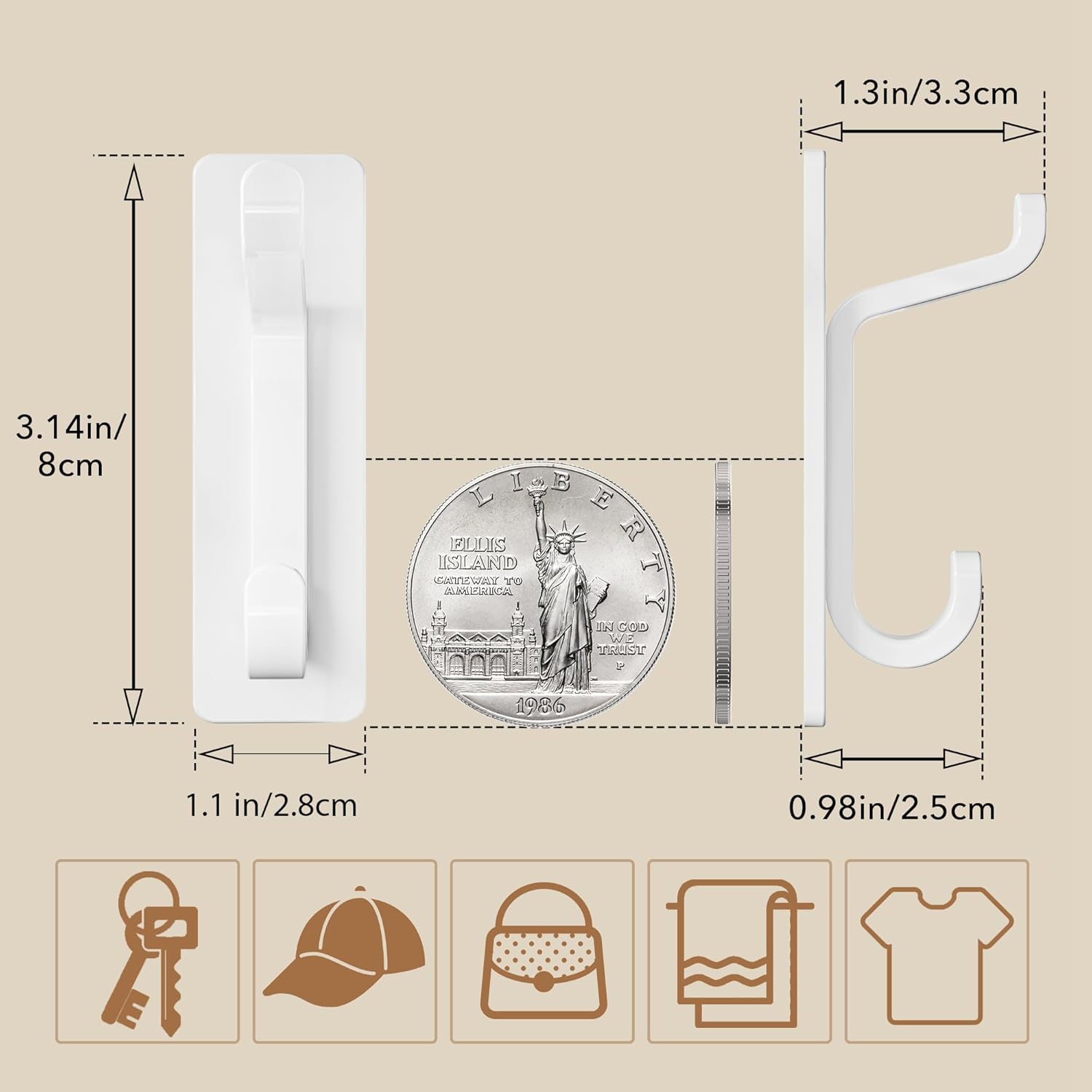 Wall Hooks for Coat and Towel 13LB Adhesive Door Hanger Stick on White 4 Pack