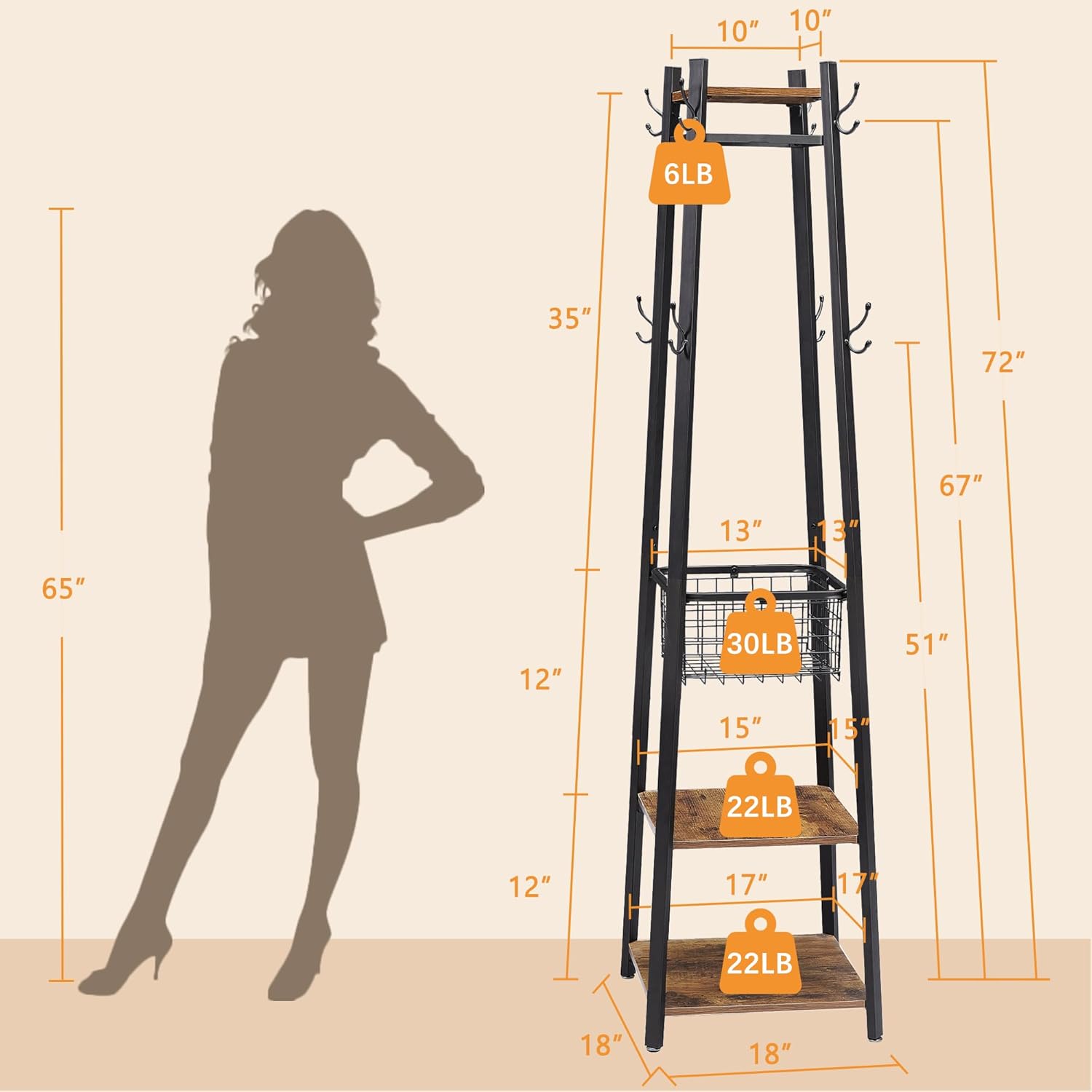 VECELO Freestanding Coat Rack with Metal Basket and Shelves