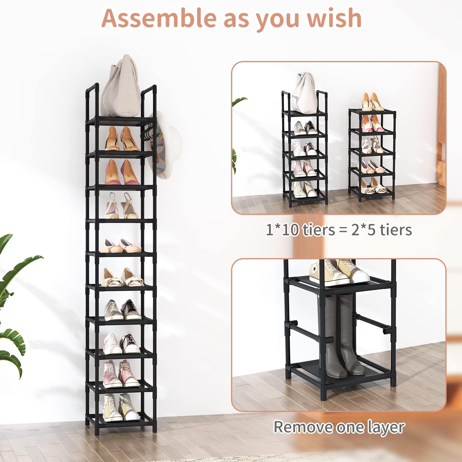 Tall Narrow Shoe Rack for Entryway 10 Tier Storage