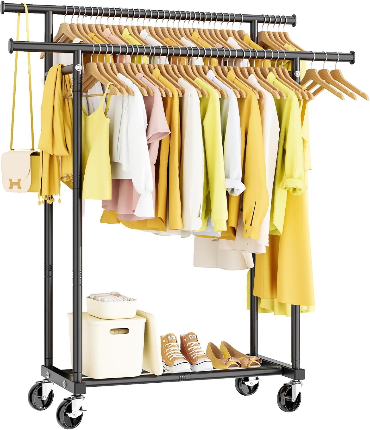 Double Rods Clothes Rack with Rolling Wheels