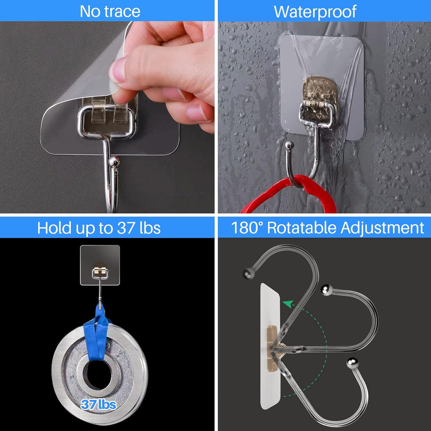 Antimbee 10-Pack Heavy Duty Adhesive Hooks 37 lb Max Transparent Gray