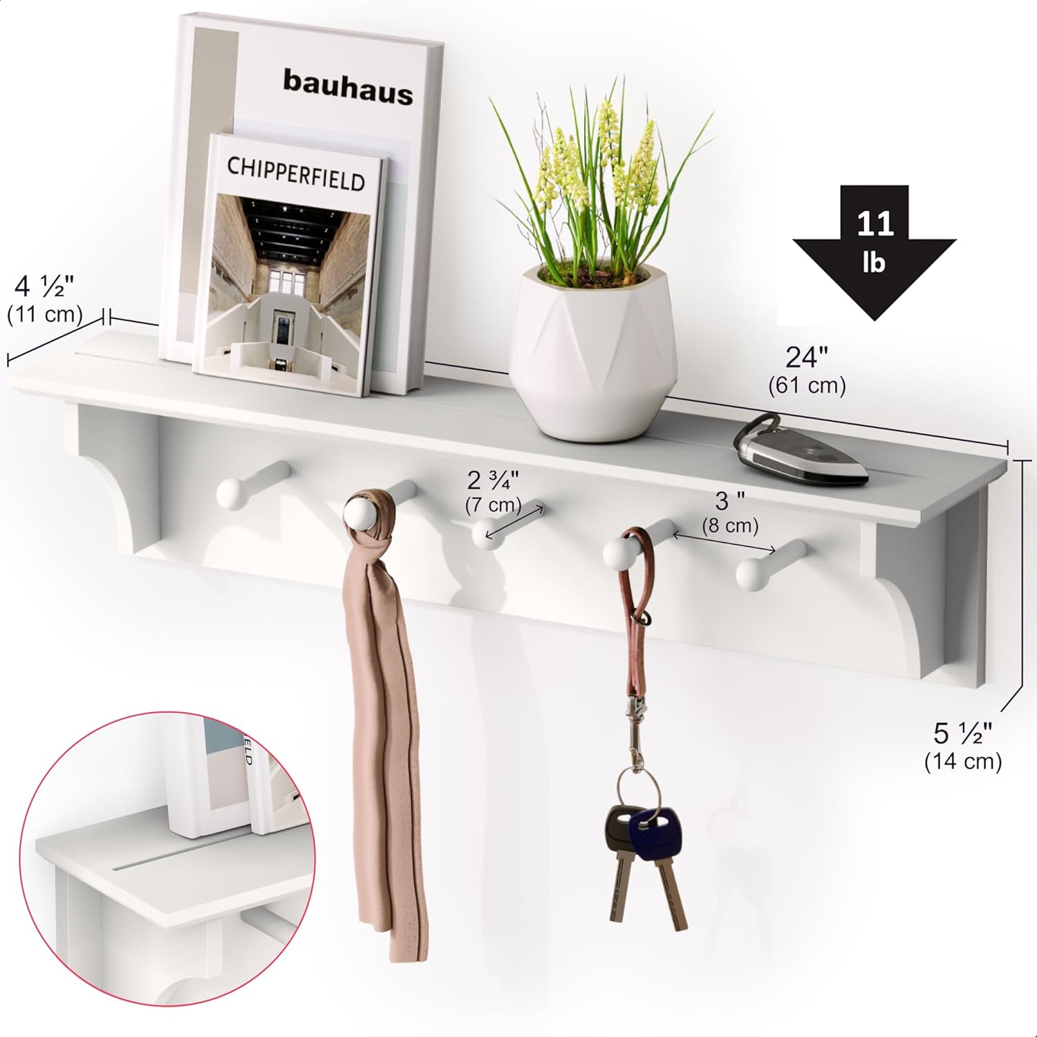 Ballucci Floating Coat and Hat Wall Shelf Rack 5 Pegs 24 White